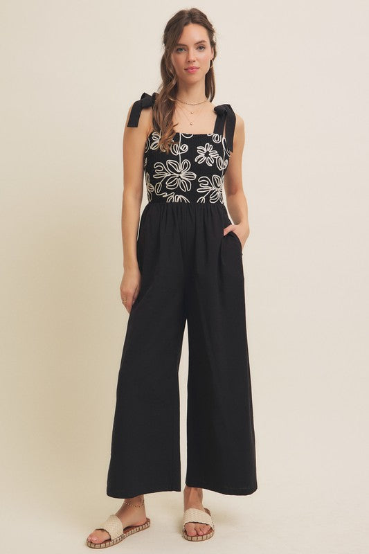 Black Embroidered Floral Jumpsuit