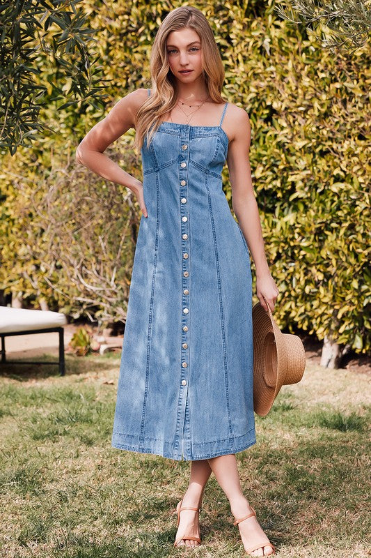 Button Down Sleeveless Denim Midi Dress